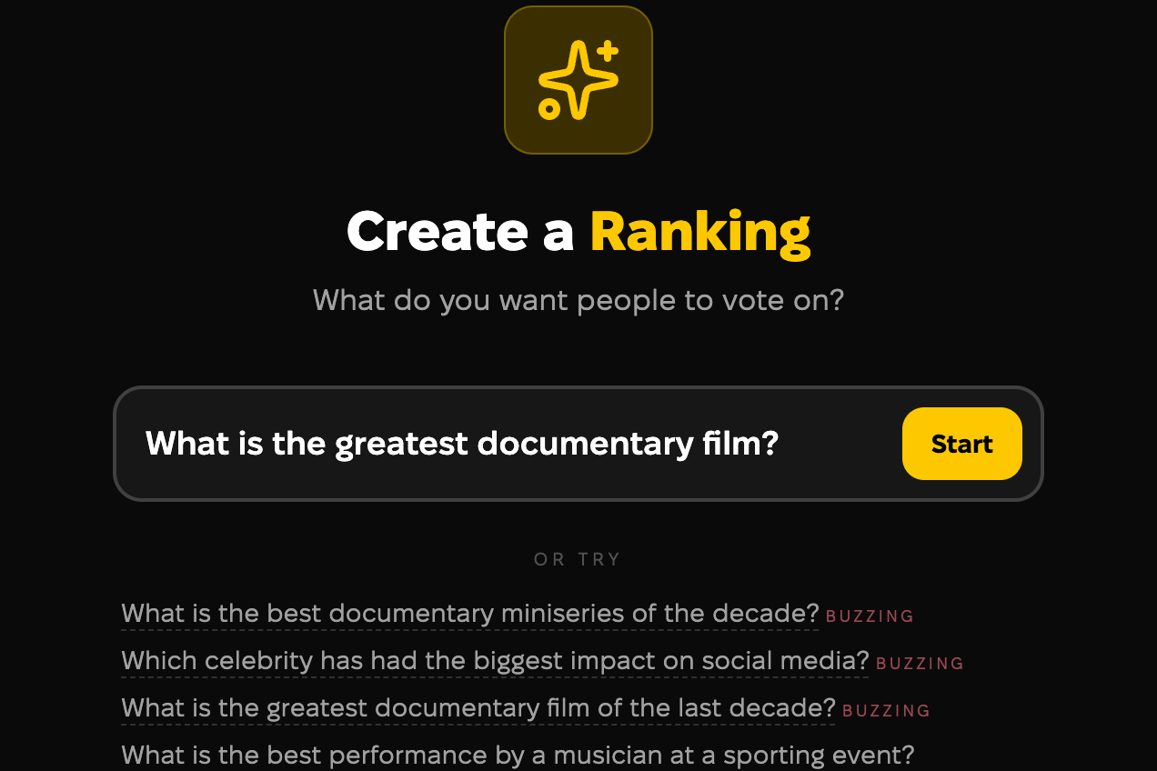 The Create a Ranking screen with the question field