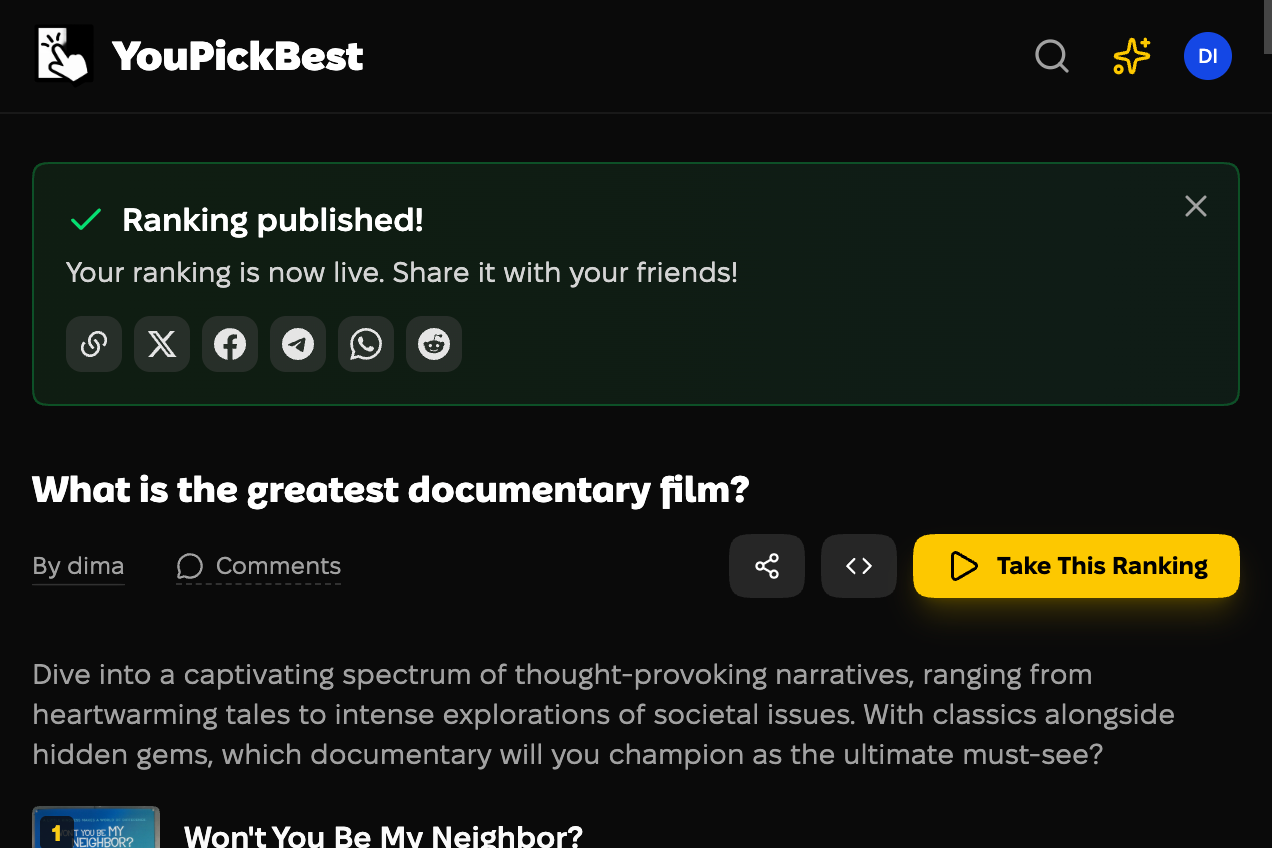 Published ranking with the Embed button