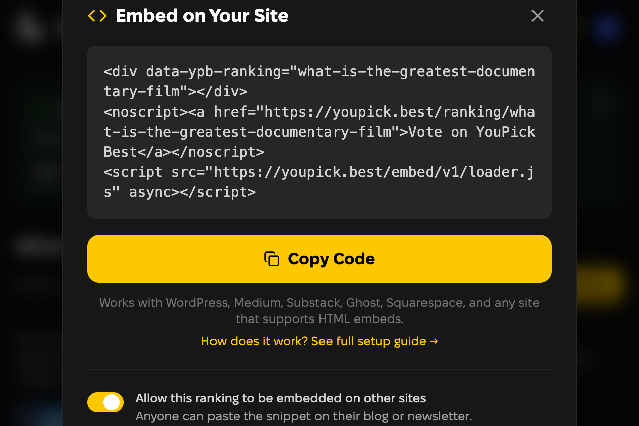 The Embed on Your Site box with the code snippet