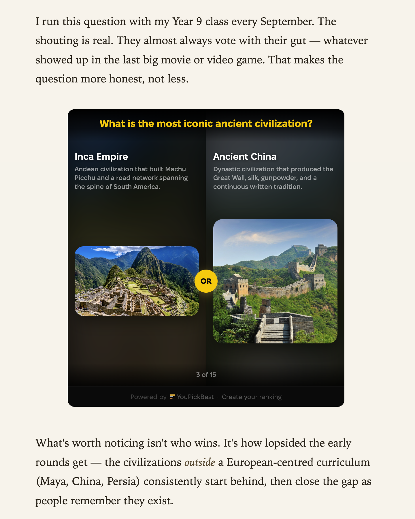 The widget’s head-to-head voting screen